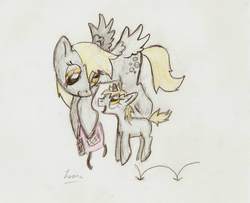 Size: 2415x1963 | Tagged: safe, artist:kriahfox, derpy hooves, dinky hooves, pegasus, pony, g4, cute, derpabetes, dinkabetes, equestria's best daughter, equestria's best mother, female, flying, mare, pronking, traditional art