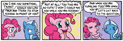 Size: 700x234 | Tagged: safe, artist:foudubulbe, pinkie pie, trixie, pony, unicorn, comic:damp rocks, g4, comic, excited, eyes closed, female, floppy ears, glare, kissy face, lesbian, mare, open mouth, ship:mauxie, shipper on deck, shipping, smiling, wide eyes