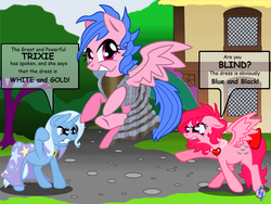 Size: 2000x1500 | Tagged: safe, artist:princesshighmist, firefly, heart throb, trixie, pegasus, pony, unicorn, g1, g4, cape, clothes, female, flying, g1 to g4, generation leap, great and powerful, mare, meme, third person, trixie's cape, white and gold or black and blue dress meme