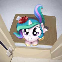 Size: 800x800 | Tagged: safe, artist:averagedraw, artist:general disorder, edit, princess celestia, alicorn, pony, animated, birthday, cewestia, chibi, cute, cutelestia, door, doormat, feels, female, filly, hnnng, papers please, ribbon, smiling