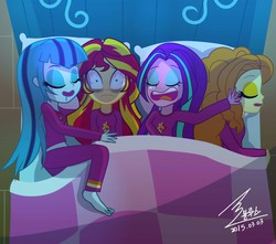 Size: 1200x1060 | Tagged: safe, artist:bluse, part of a set, adagio dazzle, aria blaze, sonata dusk, sunset shimmer, equestria girls, g4, 2015, alternate hairstyle, bags under eyes, barefoot, bloodshot eyes, clothes, drool, eyes closed, eyeshadow, feet, female, good end, kill me, looking at you, loose hair, makeup, midriff, open mouth, pajamas, pants, regret, show accurate, signature, sleeping, snoring, snot bubble, sunset shimmer gets all the dazzlings, sweater, the dazzlings, the wandering dazzlings, tired