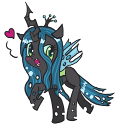 Size: 803x800 | Tagged: safe, artist:moekonya, queen chrysalis, changeling, changeling queen, nymph, g4, blushing, chibi, crown, cute, cutealis, diabetes, fangs, female, filly, heart, jewelry, looking at you, open mouth, raised hoof, raised leg, regalia, simple background, smiling, solo, transparent background, younger
