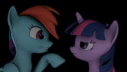 Size: 820x461 | Tagged: safe, artist:goldenlogik, rainbow dash, twilight sparkle, pegasus, pony, unicorn, g4, 3d, animated, black background, boop, cute, eye contact, female, frown, grin, looking at each other, mare, simple background, smiling, source filmmaker, twilight sparkle is not amused, unamused