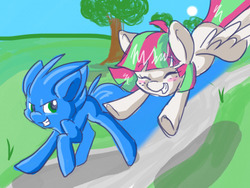 Size: 500x375 | Tagged: safe, artist:indiefoxtail, blossomforth, oc, oc:sonic dash, earth pony, pegasus, pony, g4, crossover, male, ponified, race, sonic the hedgehog, sonic the hedgehog (series)