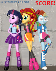 Size: 839x1063 | Tagged: safe, artist:creatorofpony, artist:flutterjerry, rainbow dash, sunset shimmer, twilight sparkle, equestria girls, g4, 3d, 80s, boots, clothes, cropped, huey lewis and the news, rainbow socks, shoes, shutter shades, socks, source filmmaker, striped socks, sunglasses, twilight sparkle (alicorn)