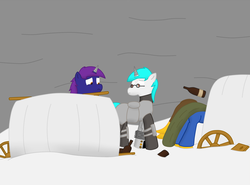 Size: 1024x759 | Tagged: safe, artist:minty candy, oc, oc only, oc:cross stitch, oc:minty candy, oc:twintails, cyborg, pegasus, pony, unicorn, fallout equestria, fallout equestria: occupational hazards, armor, bottle, clothes, glasses, snow, wagon, wheel, wreckage