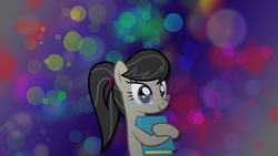 Size: 2560x1440 | Tagged: safe, artist:elhombre1994, artist:zacatron94, edit, octavia melody, g4, abstract background, alternate hairstyle, book, bubble, cute, female, glasses, meganekko, nerd, nerd pony, ponytail, solo, vector, wallpaper, wallpaper edit