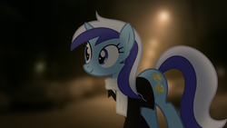 Size: 2440x1373 | Tagged: safe, artist:bastbrushie, artist:parclytaxel, minuette, pony, unicorn, g4, background pony, blurry background, clothes, dark, ear plugs, female, irl, light, mare, night, photo, ponies in real life, real life background, scarf, snow, solo