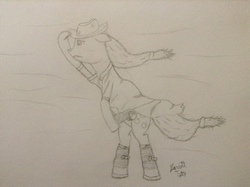 Size: 2592x1936 | Tagged: safe, artist:runner2, applejack, g4, bipedal leaning, boots, duster, sketch, traditional art