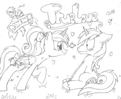 Size: 2045x1675 | Tagged: safe, artist:fritzybeat, derpy hooves, princess cadance, shining armor, pegasus, pony, g4, blushing, female, floppy ears, heart, mare, monochrome, raised hoof, sitting, style emulation, traditional art, wavy mouth