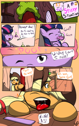 Size: 1024x1624 | Tagged: safe, artist:oakenchi, applejack, twilight sparkle, earth pony, pony, unicorn, g4, bubblegum, comic, drool, female, imminent vore, inanimate tf, mare, open mouth, potion, tongue out, transformation, twident gum, why