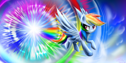 Size: 2600x1300 | Tagged: safe, artist:pinkrose2001, rainbow dash, g4, female, flying, grin, solo, sonic rainboom