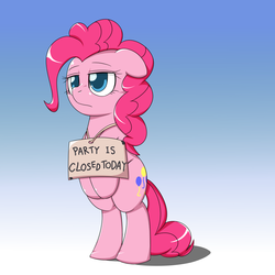 Size: 1000x1000 | Tagged: dead source, safe, artist:ushiro no kukan, pinkie pie, earth pony, pony, g4, bipedal, female, pony shaming, shaming, sign, solo, tired