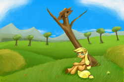 Size: 2089x1384 | Tagged: safe, artist:ryou14, applejack, g4, female, hatless, looking at you, missing accessory, sitting, solo, straw, tree, under the tree