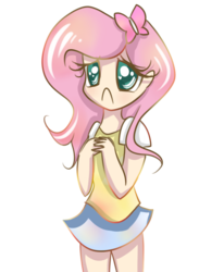 Size: 1024x1243 | Tagged: dead source, safe, artist:tamoqu, fluttershy, human, g4, :<, clothes, female, humanized, miniskirt, skirt, solo, wingding eyes