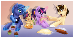 Size: 1430x738 | Tagged: safe, artist:blackfreya, princess luna, twilight sparkle, oc, oc:mayday parker sparkle, alicorn, pony, spiders and magic: rise of spider-mane, g4, baking, crossover, female, male, mare, offspring, parent:peter parker, parent:twilight sparkle, parents:spidertwi, peter parker, ponified, ponytail, spider-man, spiders and magic iii: days of friendship past, spidertwi, twilight sparkle (alicorn)