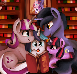 Size: 2217x2126 | Tagged: safe, artist:shivall, night light, shining armor, twilight sparkle, twilight velvet, pony, g4, :o, book, cute, eye contact, family, high res, open mouth, prone, reading, shining adorable, smiling, sparkle family, twiabetes