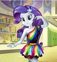 Size: 487x526 | Tagged: safe, artist:kimpossiblelove, rarity, equestria girls, g4, breasts, canterlot high, clothes, dress, female, fynsy, gradient clothes, rainbow dress, solo, trophy case