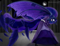 Size: 1024x786 | Tagged: safe, artist:bookxworm89, nightmare moon, princess luna, anthro, g4, clothes, crying, dress, feather, moon, solo, transformation
