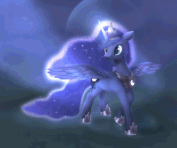 Size: 720x602 | Tagged: safe, artist:rodrigues404, princess luna, alicorn, pony, g4, animated, beautiful, female, floppy ears, flowing mane, glowing horn, horn, idle animation, majestic, mare, moon, pretty, solo, spread wings
