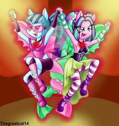 Size: 1024x1085 | Tagged: safe, artist:queentigrel, aria blaze, sonata dusk, equestria girls, g4, my little pony equestria girls: rainbow rocks, armpits, fangs, fin wings, holding hands, open mouth, ponied up, sleeveless, smirk