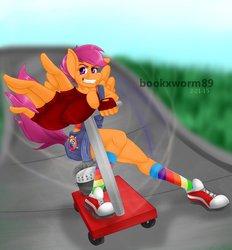 Size: 1024x1105 | Tagged: safe, artist:bookxworm89, scootaloo, anthro, g4, clothes, female, older, overalls, rainbow socks, scooter, socks, solo, striped socks