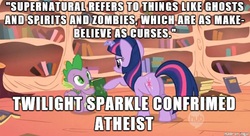Size: 600x326 | Tagged: safe, spike, twilight sparkle, ghost, zombie, g4, atheism, image macro, meme, misspelling, op is a duck, op is trying to start shit, spirits