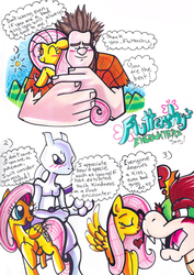 Size: 642x907 | Tagged: safe, artist:aurora-chiaro, fluttershy, human, koopa, mewtwo, pegasus, pony, g4, blushing, bowser, confused, crossover, dialogue, hnnng, hug, kissing, male, nose kiss, pokémon, super mario bros., talking, traditional art, wreck-it ralph, wreck-it ralph (character)