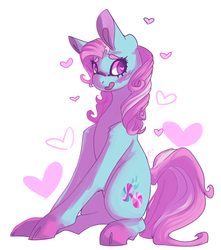 Size: 1280x1447 | Tagged: safe, artist:marshmellowcannibal, artist:voidsucre, minty, earth pony, pony, g3, art trade, big ears, blushing, blushing profusely, cloven hooves, cutie mark, female, heart, heart eyes, looking sideways, mare, sidemouth, simple background, sitting, solo, white background, wingding eyes