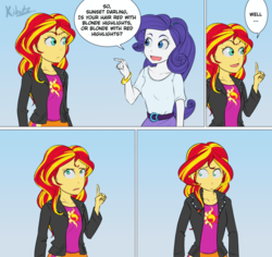 Size: 620x585 | Tagged: safe, artist:kibate, rarity, sunset shimmer, equestria girls, g4, comic, confused, frown, open mouth, pointing, smiling, thinking, wide eyes