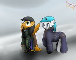Size: 1280x1022 | Tagged: safe, artist:the-furry-railfan, oc, oc only, oc:minty candy, oc:twintails, pegasus, pony, unicorn, fallout equestria, fallout equestria: occupational hazards, clothes, coat, glasses, gun, holster, pipbuck, pistol, weapon