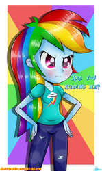 Size: 1000x1682 | Tagged: safe, artist:vixelzf, rainbow dash, equestria girls, g4, angry, clothes, dialogue, female, pants, solo, text