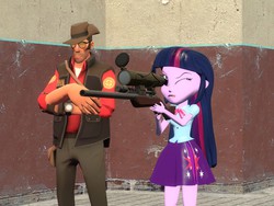 Size: 1024x768 | Tagged: safe, artist:kingmaverick, artist:victorthebabysitter, twilight sparkle, equestria girls, g4, 3d, crossover, female, glasses, gmod, gun, hat, male, one eye closed, open mouth, optical sight, rifle, sniper, sniper (tf2), sniper rifle, team fortress 2, weapon