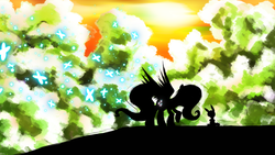Size: 4800x2700 | Tagged: safe, artist:flamevulture17, angel bunny, fluttershy, pegasus, pony, rabbit, g4, animal, duo, female, mare, silhouette