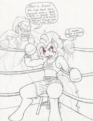 Size: 1244x1624 | Tagged: safe, artist:flicker-show, pinkie pie, human, anthro, unguligrade anthro, g4, blood, boxing, boxing gloves, crossover, mickey goldmill, pep talk, rocky (movie), rocky balboa, traditional art