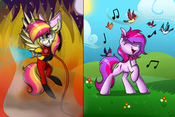 Size: 1024x683 | Tagged: safe, artist:lupispone, oc, oc only, oc:silent song, oc:sunkist, bird, firefighter, music, singing, solo, water