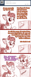 Size: 792x1970 | Tagged: safe, artist:jaxonian, apple bloom, sweetie belle, earth pony, pony, robot, robot pony, unicorn, ask fapplebloom, ask fapplebloom 3, g4, armoured skeptic, ask, box, comic, cutie mark, female, filly, foal, hooves, horn, missing cutie mark, monochrome, open mouth, prostitution, solo, sweetie bot, text, tumblr