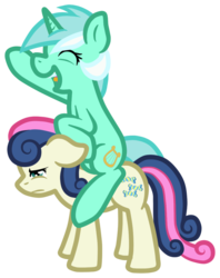 Size: 900x1134 | Tagged: safe, artist:furrgroup, bon bon, lyra heartstrings, sweetie drops, earth pony, pony, unicorn, g4, bon bon is not amused, duo, lyra riding bon bon, ponies riding ponies, riding, simple background, transparent background