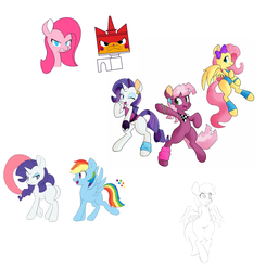 Size: 2663x2718 | Tagged: safe, artist:hidden-cat, cheerilee, derpy hooves, fluttershy, pinkie pie, rainbow dash, rarity, earth pony, pegasus, pony, unicorn, g4, belly button, bipedal, butt, crossover, female, high res, hooves behind back, horn, human shoulders, lego, mare, plot, the lego movie, unikitty