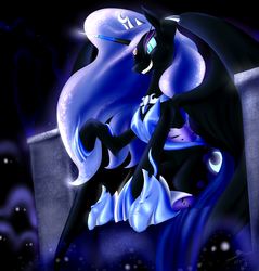 Size: 3400x3556 | Tagged: safe, artist:bludraconoid, nightmare moon, nightmare forces, g4, armor, high res, sitting, throne