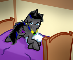 Size: 1366x1123 | Tagged: safe, artist:furrgroup, oc, oc only, pony, bed, on bed, one eye closed, pillow, solo