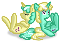 Size: 1440x932 | Tagged: dead source, safe, artist:furrgroup, gemini (g4), pony, unicorn, g4, duo, female, gemini, mare, ponyscopes, siblings, simple background, transparent background, twins, zodiac