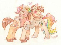 Size: 1599x1186 | Tagged: safe, artist:gezibing, oc, oc only, oc:quill swirl, oc:rain runner, pegasus, pony, unicorn, beard, cute, gay, heart, hug, love, male, paint, quill swirl, rain runner, rainyquill, traditional art, watercolor painting