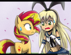 Size: 897x693 | Tagged: safe, artist:the-butch-x, sunset shimmer, human, pony, unicorn, g4, crossover, duo, kantai collection, shimakaze, sweatdrop