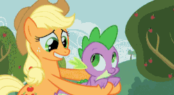 Size: 500x273 | Tagged: safe, screencap, applejack, spike, dragon, earth pony, pony, apple family reunion, g4, animated, animation error, female, grin, male, mare, ship:applespike, smiling, straight