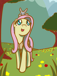 Size: 600x800 | Tagged: safe, artist:flutterluv, fluttershy, pegasus, pony, rabbit, g4, winter wrap up, animal team, bunny on head, female, looking at something, looking up, open mouth, sitting on head, smiling, solo, spring, winter wrap up vest