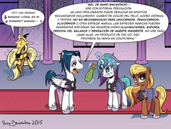 Size: 1280x960 | Tagged: safe, artist:pony-berserker, princess luna, oc, oc:iridescence, oc:miley hooves, oc:silent knight, pony, g4, banana, implied discord, spanish, translation, translator:the-luna-fan