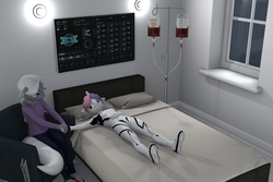 Size: 3000x2000 | Tagged: safe, artist:tahublade7, silver spoon, sweetie belle, cyborg, robot, anthro, plantigrade anthro, g4, 3d, about to cry, daz studio, female, high res, holding hands, hospital, i never asked for this, lesbian, older, older silver spoon, older sweetie belle, ship:silverbelle, shipping, story included, sweetie bot