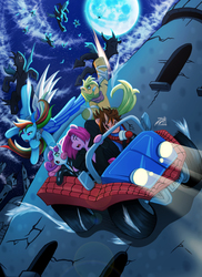 Size: 3600x4951 | Tagged: safe, artist:anderson-07, artist:darkereve, applejack, pinkie pie, rainbow dash, sweetie belle, changeling, earth pony, pegasus, pony, unicorn, spiders and magic: rise of spider-mane, g4, catsuit, crossover, fight, male, moon, peter parker, ponified, spider mobile, spider-man, spiders and magic iii: days of friendship past