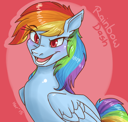 Size: 907x862 | Tagged: safe, artist:penny-rhythm, rainbow dash, duck pony, g4, blushing, cute, female, looking at you, open mouth, portrait, raised eyebrow, simple background, smirk, solo